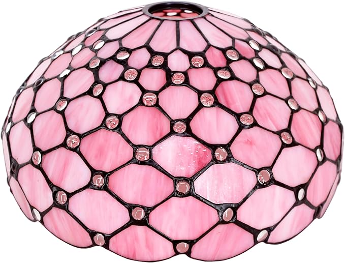 Tiffany Lamp Shade Replacement 12X6 Inch Stained Glass Lampshade Only 1-5/8-Inch Fitter Opening for Arched Floor Lamp, Torchiere Lamp, Pendant Light (Pink Pear Bead)