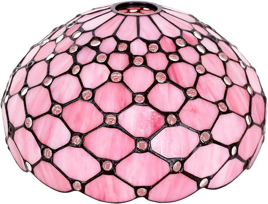 Tiffany Lamp Shade Replacement 12X6 Inch Stained Glass Lampshade Only 1-5/8-Inch Fitter Opening for Arched Floor Lamp, Torchiere Lamp, Pendant Light (Pink Pear Bead)