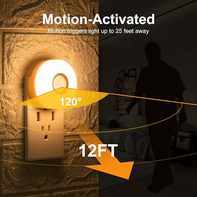 YELKO Night Lights Plug Into Wall,200Lumen Super Bright Plug in Motion Sensor Light Indoor,Smart Plugin Motion Activated Nightlights for Bathroom, Hallway(Warm White 2Pack)
