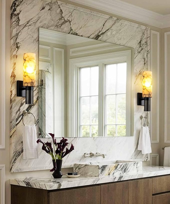 Modern Alabaster Sconce Marble Wall Sconce for Living Room Black Base Bathroom Vanity Wall Sconce Lighting Stone Marble Wall Lamp for Bedroom Corridor Stairs Restaurant - Aura Lighting
