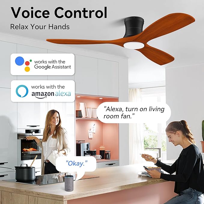 52' Smart Wood Low Profile Ceiling Fan with Lights Remote, Quiet DC Motor, Outdoor Indoor Flush Mount, Voice Control via WIFI Alexa App, Modern Dimmable Lighting for Bedroom Patio - Aura Lighting