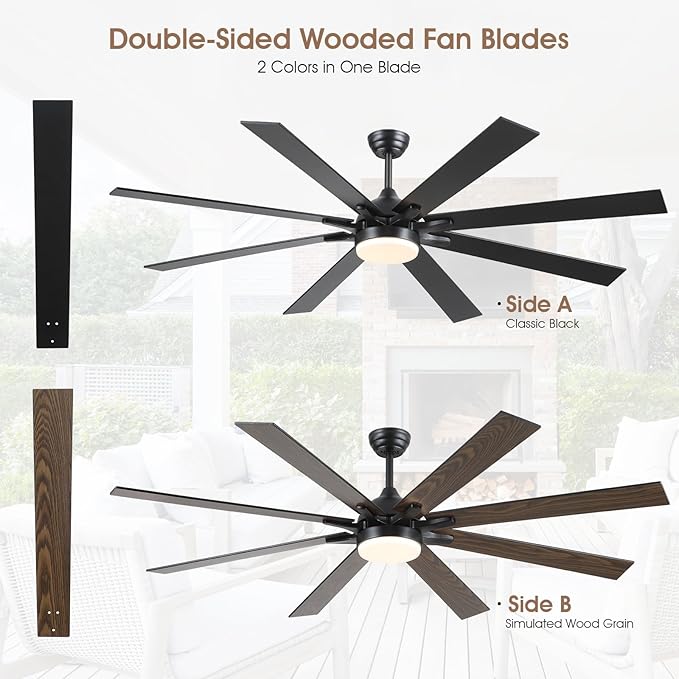 72 Inch Large Ceiling Fans with Lights and Remote, Indoor/Outdoor Black Modern Industrial Ceiling Fan with light for Living Room Patios Porch, Reversible Quiet Motor, 8 Dual Finish Blades