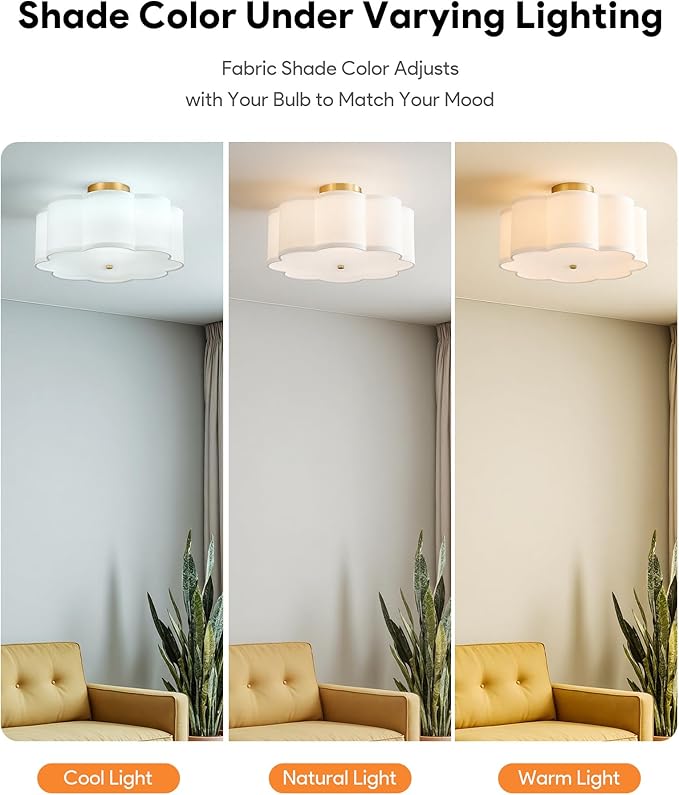 VONLUCE Semi-Flush Mount Ceiling Light, 15.7" Modern 3-Light Ceiling Light Fixture with White Petal-Shaped Shade 3 E26 Sockets for Bedroom Entryway Living Room, Gold Finish, ETL Certificated - Aura Lighting