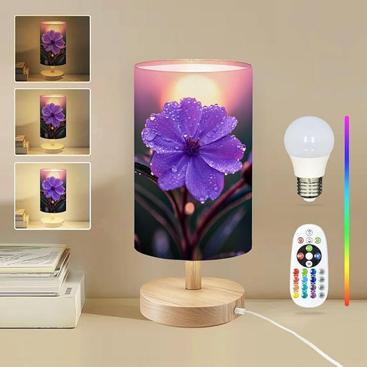 Round Table Lamp for Bedroom Purple Flower Water Droplets Sunset Beside Lamps Desk lamp with Wood Base Nightstand Lamps for Nursery Living Room Home Decor