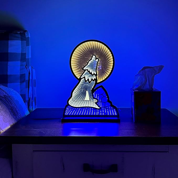 Wolf Infinity Mirror Night Light - LED Wolf Nightlight for Kids - USB-Powered with Dimmer Switch - 3D LED Infinity Light - Bedroom Decor for Boys, Girls & Teens - 10" x 14"