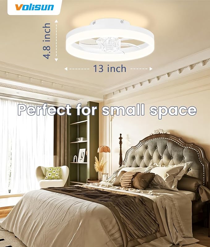 VOLISUN 13 inch Small Ceiling Fans with Lights and Remote, Low Profile Ceiling Fans with Light, 3000K-6500K Dimmable LED Ceiling Light Flush Mount, Bladeless Fandelier Ceiling Fan (White) - Aura Lighting