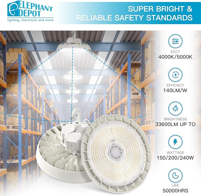 UFO Led High Bay Light with Motion Sensor, 150/200/240W, 21000/28000/33600lm, 2CCT 4000K/5000K, 0-10V Dimmable High Bay Led Shop Lights for Gym Factory Warehouse, Hook,6' Cable, UL&DLC