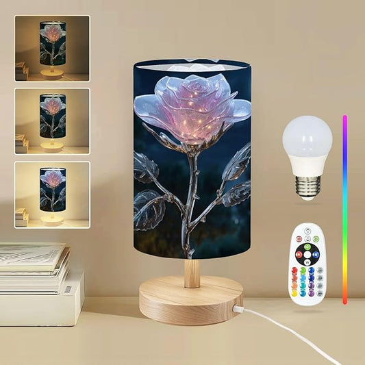 Round Table Lamp for Bedroom Glowing Transparent Rose Under Moonlight Sparkling Petals Silver Stem Beside Lamps Desk lamp with Wood Base Nightstand Lamps for Nursery Living Room Home Decor