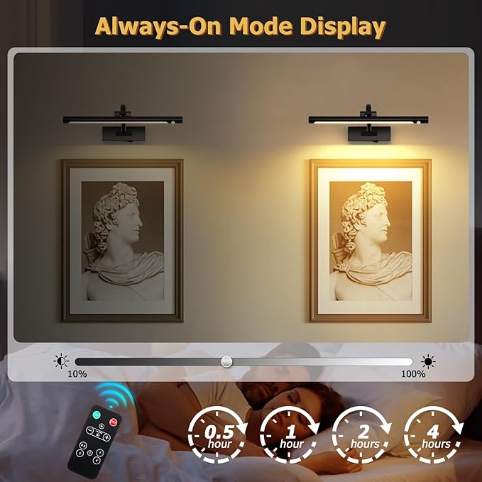 Wireless Picture Lights Battery Operated, Motion Sensor Black Art Lights Motion Activated Gallery Lighting Auto-Off Painting Lights for Portraits 16 Inch 3W Warm White