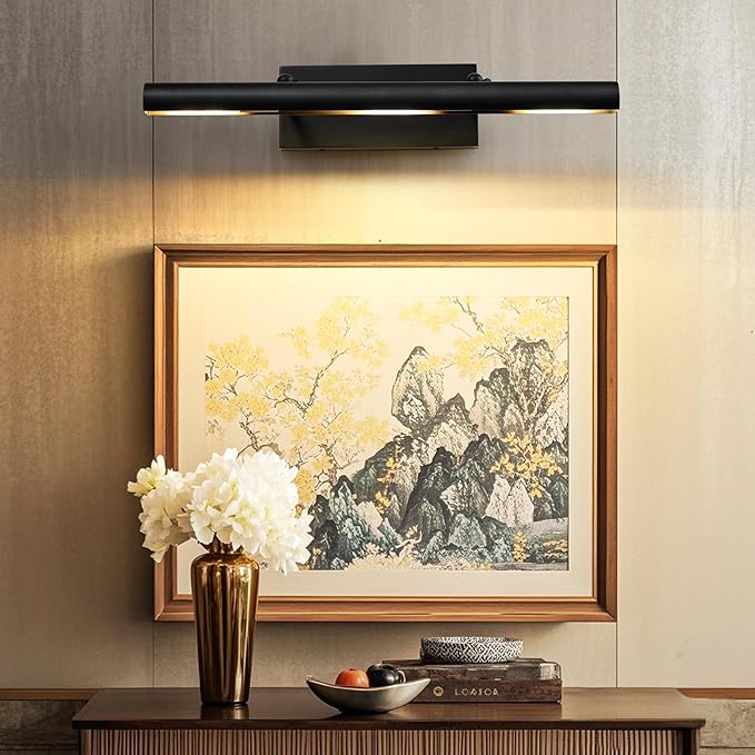 Art Picture Frame Wall Light: 24" Black Dimmable Vintage Artwork Brass Painting Spotlight - Hardwired Swing Arm Rotatable 3 Lights over Pictures - Linear Accent Lighting above Photo for Gallery Museum