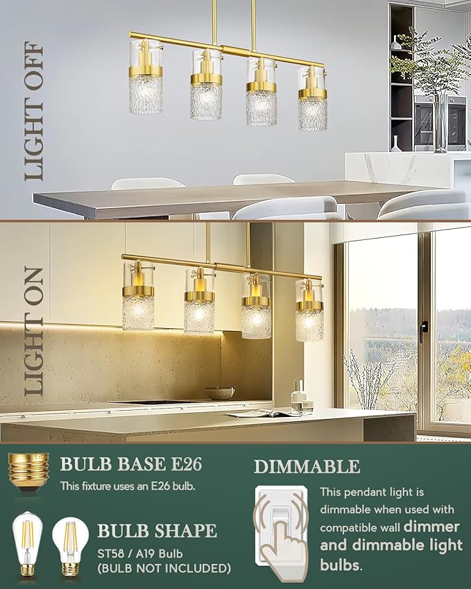 LMS 4-Light Brushed Gold Island Chandelier Lights for Kitchen, Mid Century Pendant Light with Hammered Glass Shade, Farmhouse Dining Room Light Fixture, Kitchen Island, LMS-171GD-4 - Aura Lighting