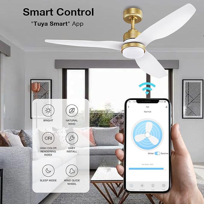52 Inch Smart Ceiling Fans with Lights and Remote,Dimmable LED Light,Outdoor Indoor Gold White Ceiling Fan,Quiet DC Motor,High CFM 6 Speed,WIFI Alexa App Workable,for Bedroom Living Room Patio - Aura Lighting