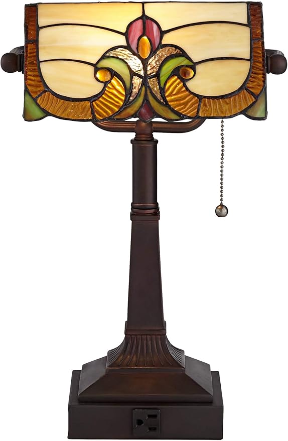 Robert Louis Tiffany Fleura Traditional Tiffany Style Piano Banker Desk Table Lamp 17" High with AC Power Outlet Bronze Floral Art Glass Shade Decor for Bedroom House Bedside Nightstand Home Office