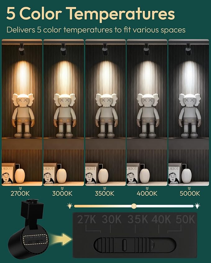 ALAMPEVER 6 Pack LED Track Lighting Heads, Dimmable J Type LED Track Lights with 5 Selectable Color Temperatures, 2700K/3000K/3500K/4000K/5000K, 10W, 800LM, 36°, Ideal for Home Commercial Use, Black - Aura Lighting