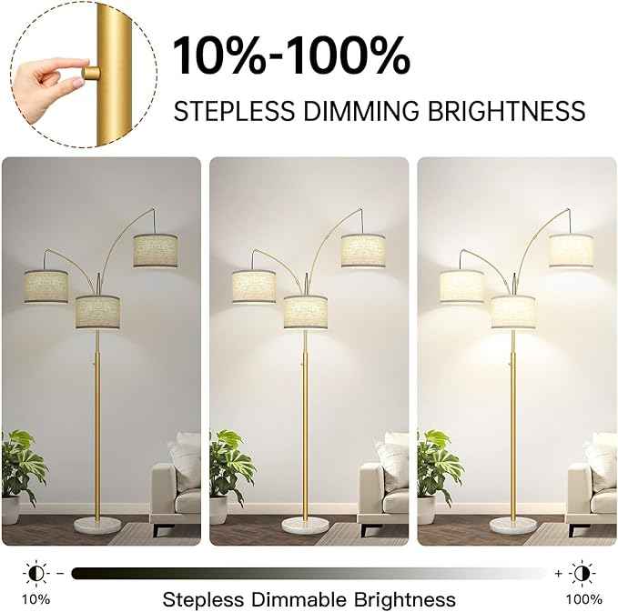 Nintiue Dimmable Floor Lamp - 3 Lights Gold Floor Lamps for Living Room Linen White Shades & Marble Base, Mid Century Tree Floor Lamp for Bedroom Office, 3 LED Bulbs Included
