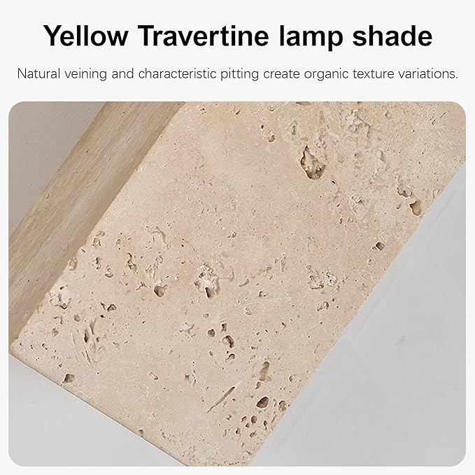 Nordic Modern Marble Wall Sconce, Natural Stone Lampshade with Wooden Base, Yellow Travertine Wall Lamp, Japanese Style Wabi-Sabi Art Lighting Fixture for Bedroom Bedside Hallway Entryway