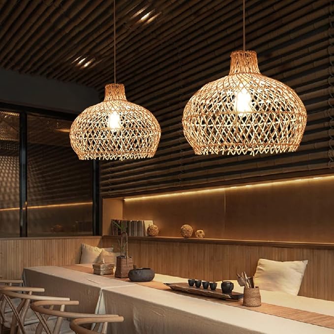 15.7in Rattan Lantern Pendant Light, Wabi Sabi Retro Chandelier,Zen Handwoven Hanging Lamp,Natural Living Room Fixture with Adjustable Height,for Bedroom Dining Room Tea Room Island