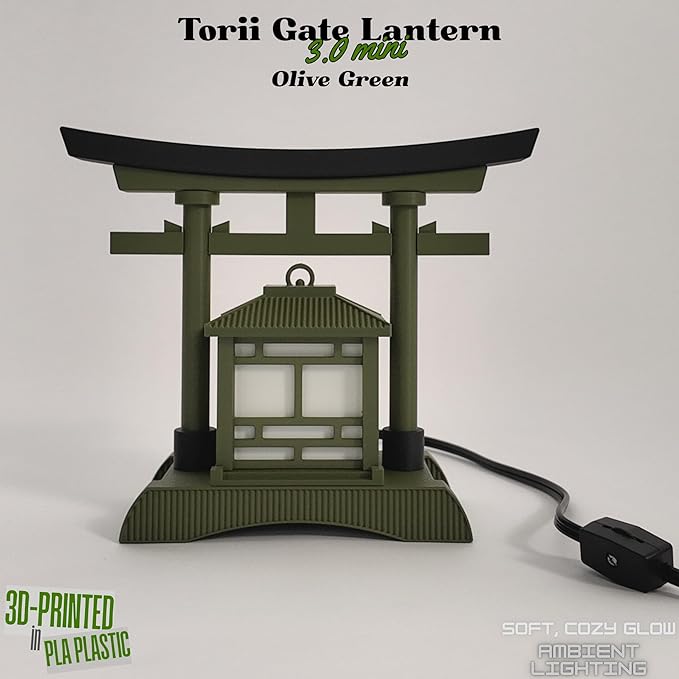 Japanese Torii Gate Lantern - Exquisite Japanese Decor for Home and Room | Unique Desk Lamp and Table Lamp Design | Mini Japanese Lantern Transforms Any Space (Olive Green)