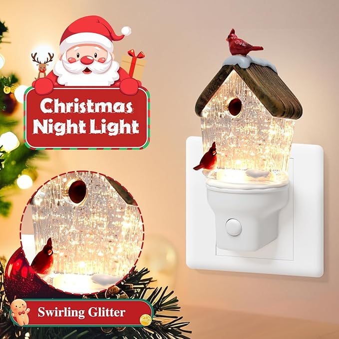 2 Pack Christmas Birdhouse Night Light Plug into Wall Glitter Water Nightlight with USB/Outlet Options, Christmas Decorative Nightlight for Bedroom Kitchen Holiday Decorations Gifts (Birdhouse)