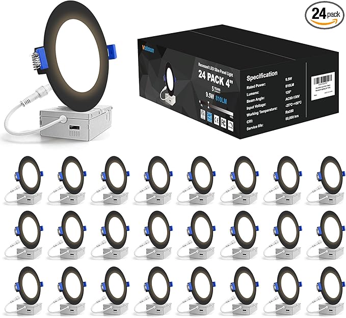 VOLISUN 24 Pack 4 inch Recessed Lighting, 5CCT LED Recessed Light Black, 2700K-5000K Selectable, 9.5W Eqv 80W, 810LM Dimmable Canless Wafer Downlight, LED Ceiling Light ETL Certificated