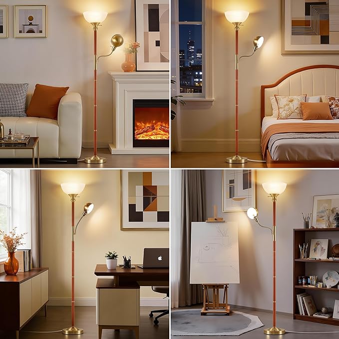 EJIAXIN Wood Floor Lamp for Living Room - Gold Torchiere Floor Lamps for Bedroom Standing Lamp with Glass Shade - Mid Century Modern Corner Tall Lamps for Home Office Nursery Reading Light,2 Head