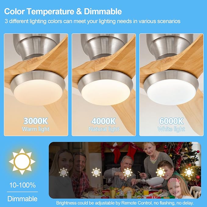 36 Inch Wood Flush Mount Ceiling Fans with Lights and Remote, Dimmable 3 Blades Bedroom Ceiling Fan Outdoor Ceiling Fans for Patios Low Profile Ceiling Fan with Light for Living Room