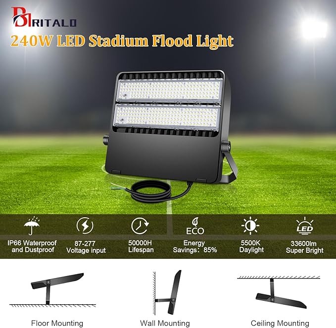 240W LED Stadium Flood Lights Outdoor 36000LM Super Bright Yoke Wall Mount Parking Lot floodlights 5000K 100V-277V Commercial IP65 Waterproof 240 Watt Shoebox Barn Lamp for Arena Court