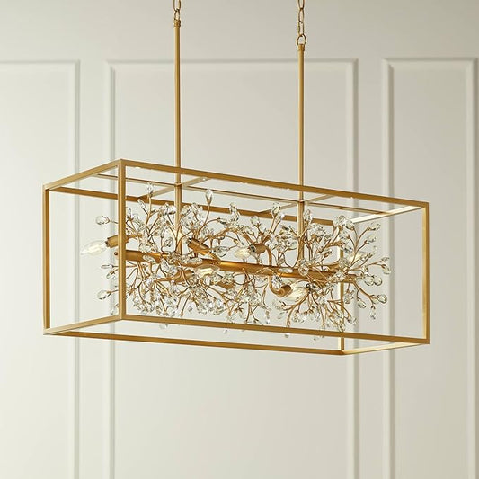 Possini Euro Design Carrine Gold Linear Island Pendant Chandelier 38 1/2" Wide Modern Clear Crystal Accents 8-Light Fixture for Dining Room House Foyer Kitchen Entryway Bedroom Living High Ceilings