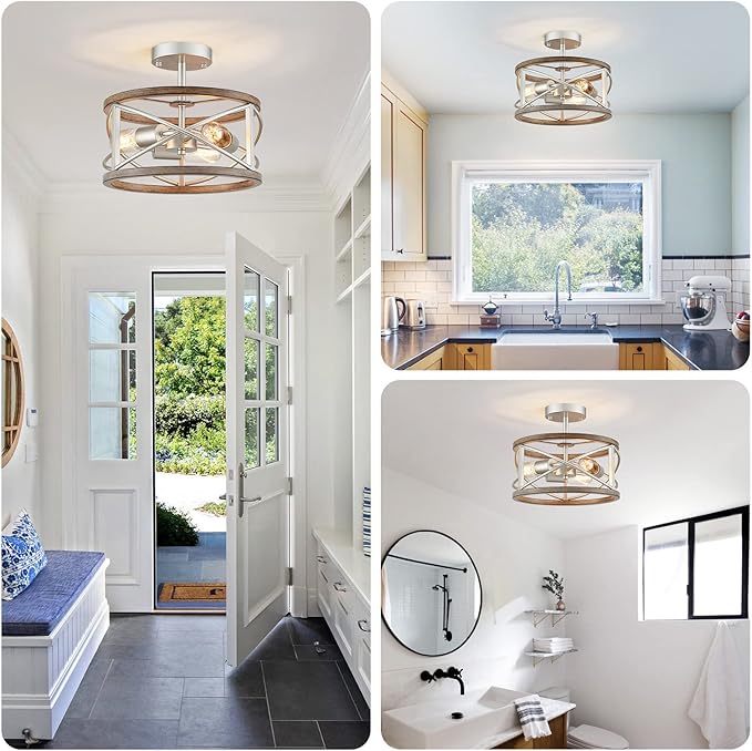 WUZUPS Chandelier 3-Light Vintage Farmhouse Industrial Imitation Wood Grain Semi-Flush Mount Ceiling Light Lighting Fixture for Foyer Hallway Storage Room Kitchen Bathroom, H 9.4" W 12", Nickel