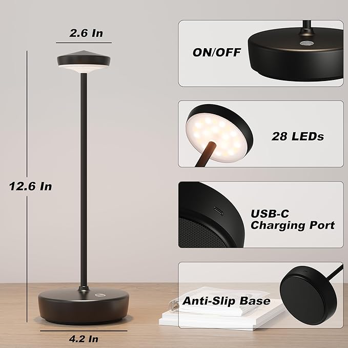 1 Pack Cordless Table Lamp Rechargeable - LED Battery Table Light with 3 Color Temperatures, Stepless Dimming, Waterproof Aluminum for Indoor Outdoor, Patio, Restaurant, Dinner (Black)