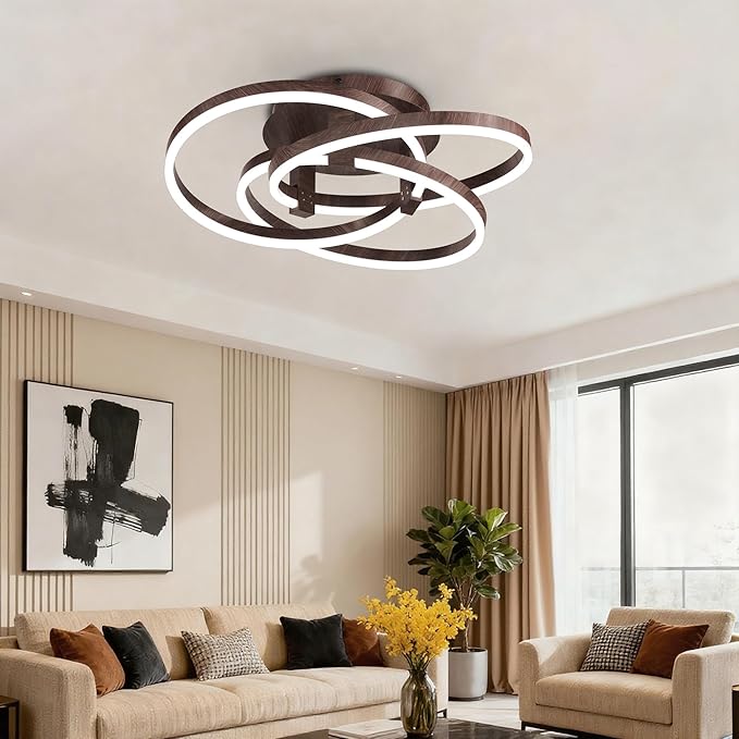 Maxax 23.5" Led Ceiling Light Fixture, Modern 3 Rings Flush Mount Chandelier, Close to Ceiling Lamp for Bedroom Living Room Dining Room Kitchen, ETL Listed, Walnut Color