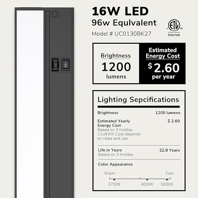 LAGOM Halo Under Cabinet Light, 30‑Inch Hardwired Dimmable LED, 2700K/4000K/5000K, Power Cord Sold Separately, Black, UC0130BK27