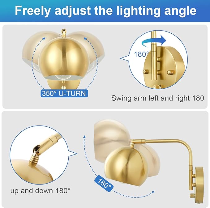 Wall Sconces Plug in, Dimmable Wall Sconce Swing Arm Wall Lights with Plug in Cord and Dimmer On/Off Knob Switch, Brushed Brass Globe Wall Light for Bedroom Bedside Hallway(2 Bulbs Included)