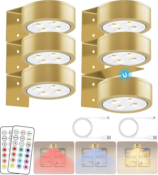 13 Color RGB Magnetic Led Art Display Light, Wireless Magnetic Picture Lights Rechargeable Battery-Powered Wall Frame Lights, Remote Control, and Timer 6Pack Gold