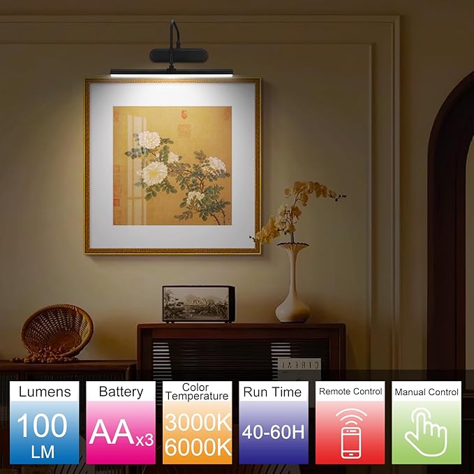 Picture Light,3AA Battery Art Lights for Paintings,Wireless Wall Lighting,Remote Control Accent Light with Timer and Dimmable for Frame,Portrait,Dartboard-Black