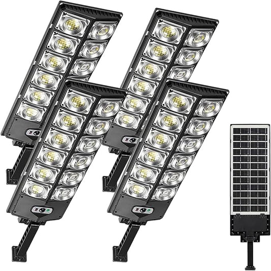 ikaufen 80000LM 8500K LED Solar Street Light 800W Commercial Oudoor Lights Outdoor Waterproof Hight Brightness LED, Dusk to Dawn Solar Street LightsRoad Area Lamp for Yard, Deck, Garden (4 Pcs)