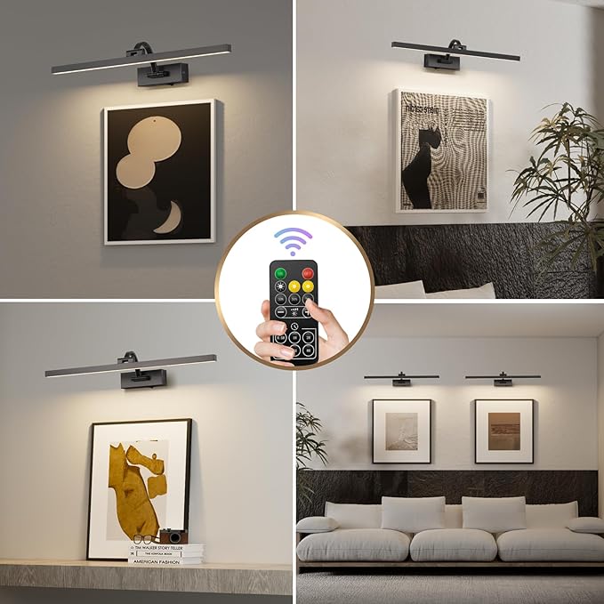 Wireless Picture Lights for Wall,23.5 Inch Black Art Light for Paintings,Battery Operated Picture Lights with Remote Control,Dimmable Rechargeable Art Lamps for Picture Frame,Gallery