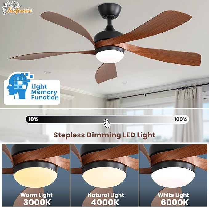Sofucor 52" Smart Ceiling Fan, Indoor/Outdoor Ceiling Fans with Lights and Remote, Compatible with Alexa/Google/App, 3-Color Light 6-Speed Timing Reversible DC Motor for Bedroom Living Room Patio