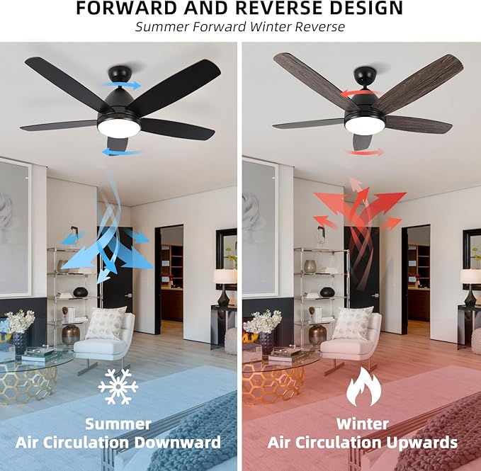 Smart Ceiling Fan with Light, 52 Inch Modern Black Outdoor Ceiling Fan and Remote/App, Dimmable Tri-Color LED and Reversible Motor for Indoor Bedroom/Outdoor Covered Patio - Aura Lighting
