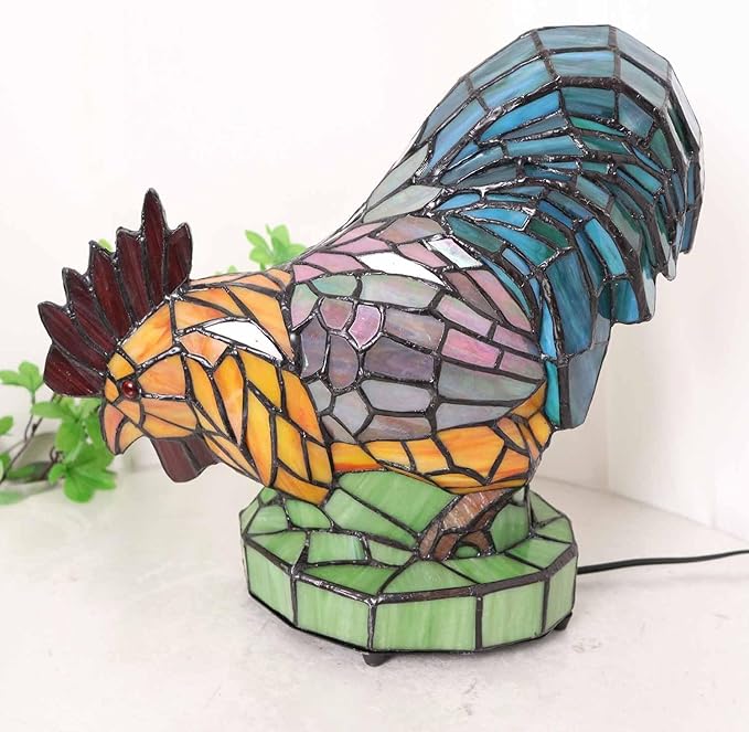 Bieye L12012 Colorful Rooster Tiffany Style Stained Glass Accent Table Lamp Night Light for Bedside Living Room Decoration (Multi-Colored, 5.75Dx13Wx12H)