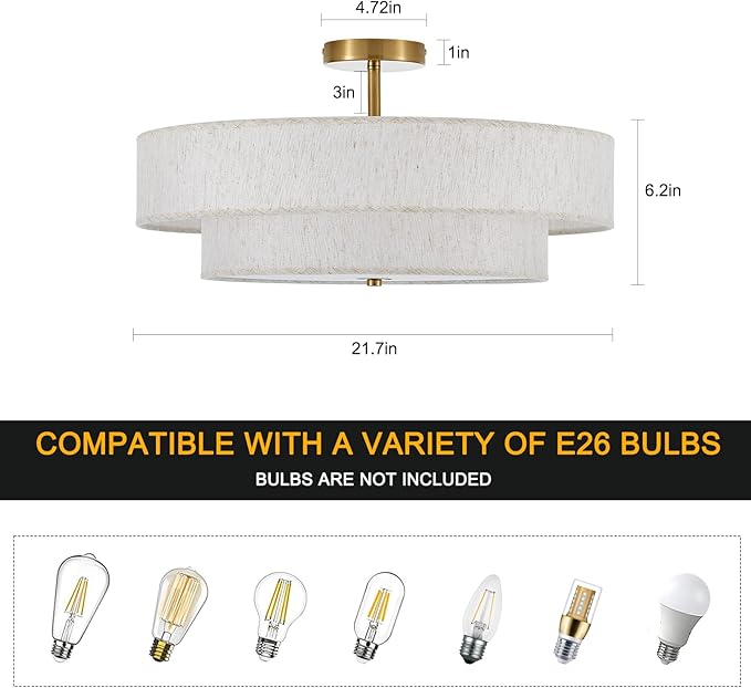 Modern Semi Flush Mount Ceiling Light 21.7" Modern Gold 4-Lights Drum Ceiling Lighting Fixture Vintage Linen Golden Ceiling Lamp for Laundry Room, Kitchen, Living Room, Dining Room, Bedroom