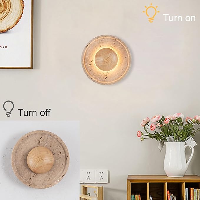 Japanese Style Wabi-Sabi Art Lighting Fixture, Yellow Travertine Wall Light with Wood Shade, Round Natural Stone LED Wall Lamp, Vintage Marble Wall Sconce for Bedroom Living Room(Wood)