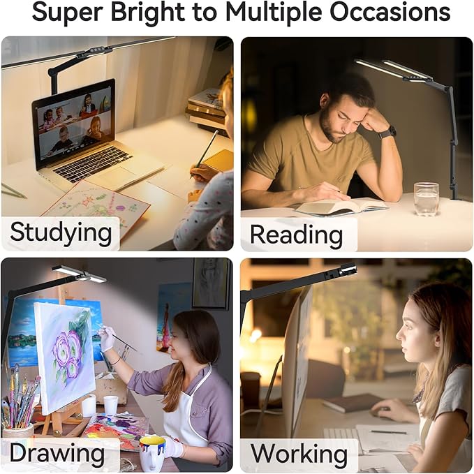 LED Architect Desk Lamp with Clamp - 24W Ultra Bright Adjustable Swing Arm Light for Home Office, 3000 Lumen Auto Dimming Computer Lamp with Stepless Touch Control, Rotatable for Video Calls, Drafting - Aura Lighting
