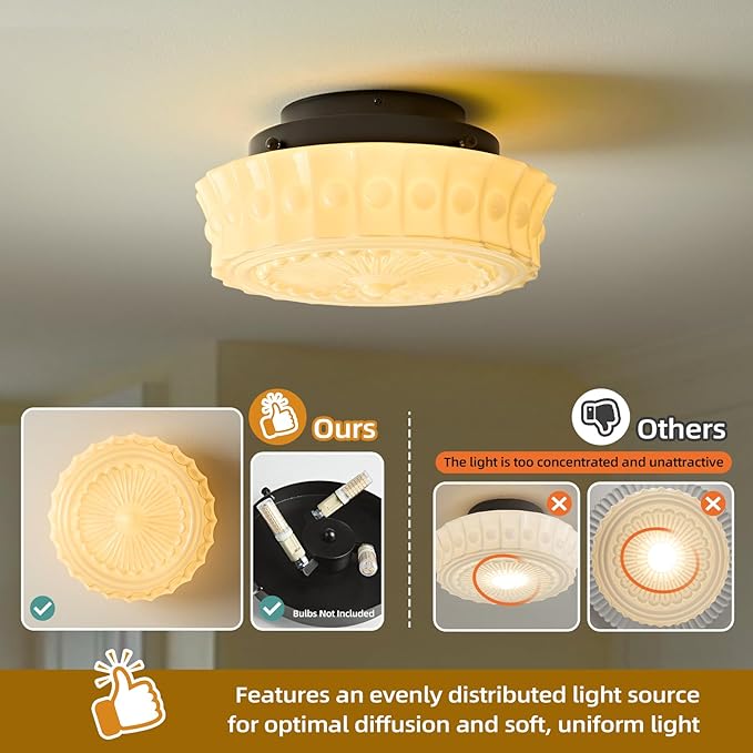 Schoolhouse Vintage Glass Ceiling Light - Small 12 Inch Cream Yellow Mid Century Modern Flush Mount Lighting Fixtures - Art Deco Lamp for Bedroom Kitchen Entryway Laundry Hallway Foyer Bathroom Hall - Aura Lighting