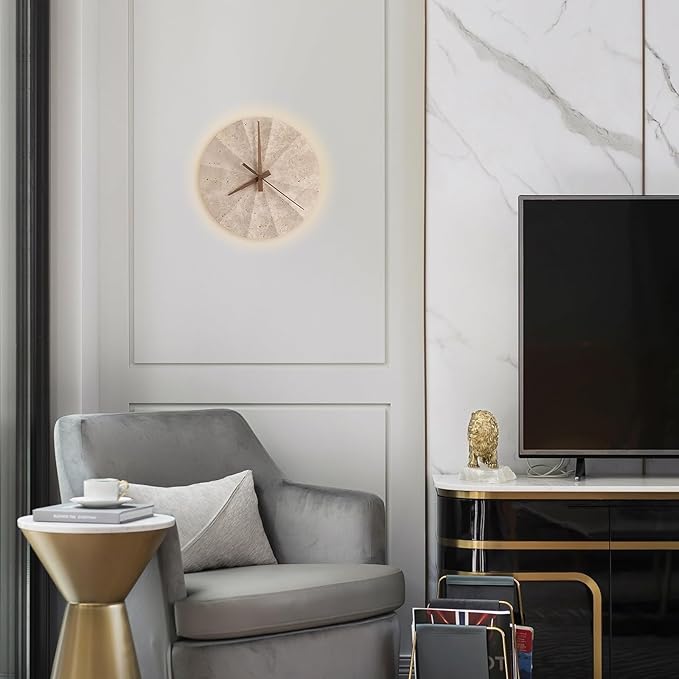Round Natural Stone Wall Sconce, Creative Clock Design Yellow Travertine Wall Lamp, 3000K Warm Light LED Wall Light Fixture, Japanese Style Wabi-Sabi Art Lighting Fixture for Bedroom(23cm)