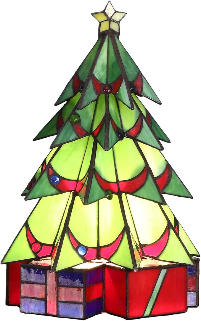 Bieye L10678 Pine Christmas Tree Tiffany Style Stained Glass Accent Table Lamp Night Light, Green, 11" W x 16" H