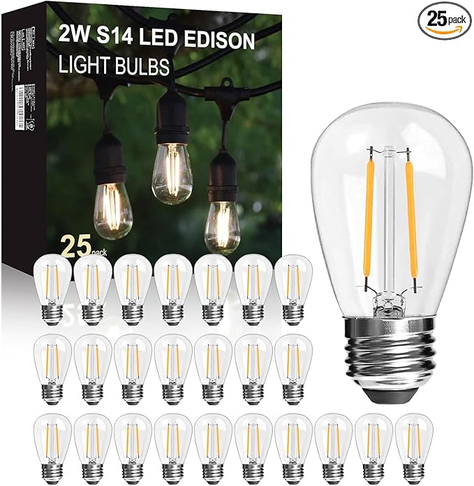 25Pack 2W S14 LED Glass Bulbs for Outdoor String Lights Replacement, E26 Medium Screw Base, 2700K Warm White LED Edison Light Bulb, 2 Watt to Replace 11w/20w/25w s14 Incandescent Bulbs