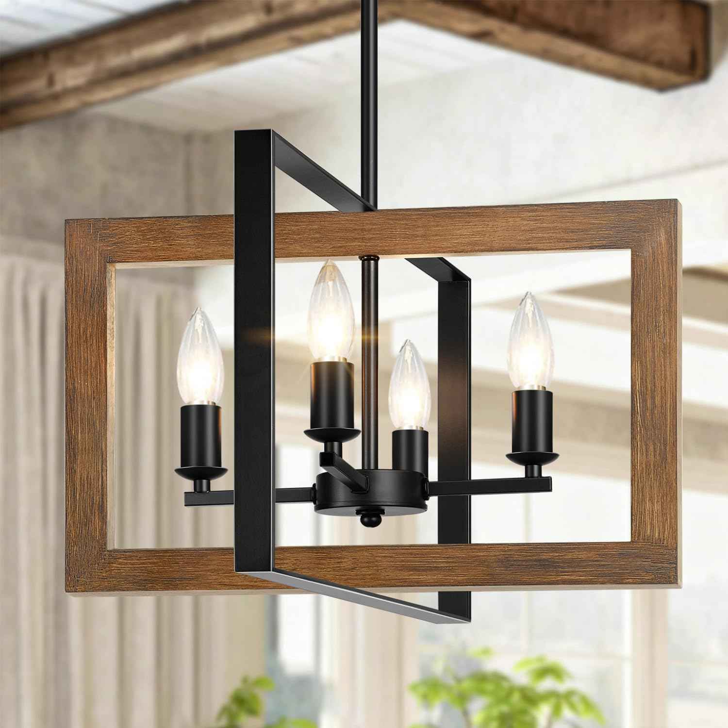 11.3"-55.3" Height Adjustable Farmhouse Real Wood Chandelier, No Assembly Required 4-Light Rustic Dining Room Light Fixture Over Table, Hanging Chandelier for Kitchen Living Room Foyer Entryway