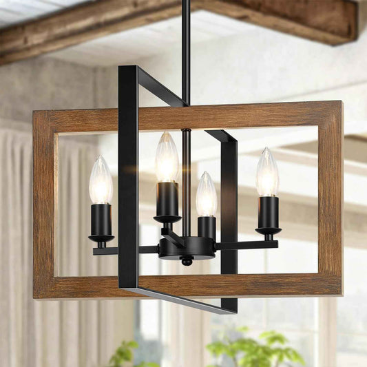 11.3"-55.3" Height Adjustable Farmhouse Real Wood Chandelier, No Assembly Required 4-Light Rustic Dining Room Light Fixture Over Table, Hanging Chandelier for Kitchen Living Room Foyer Entryway
