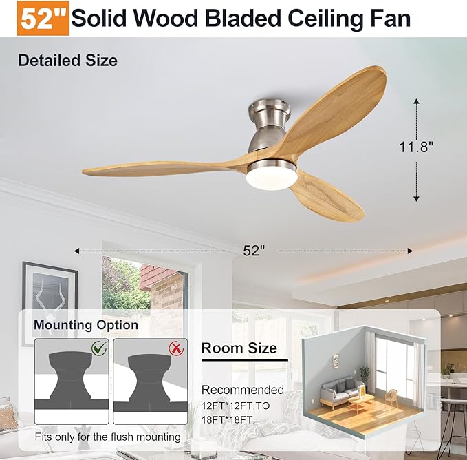 Dimmable 52 Inch Flush Mount Ceiling Fans with Lights and Remote, 3 Blade Wood Bedroom Ceiling Fan with Lights Low Profile Ceiling Fan with Light Brushed Nickel Outdoor Ceiling Fans for Patios